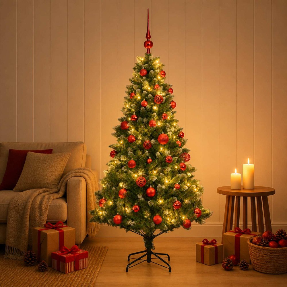 vidaXL Konstgjord julgran med kulor 120 cm 150 LED-lampor Varmvit