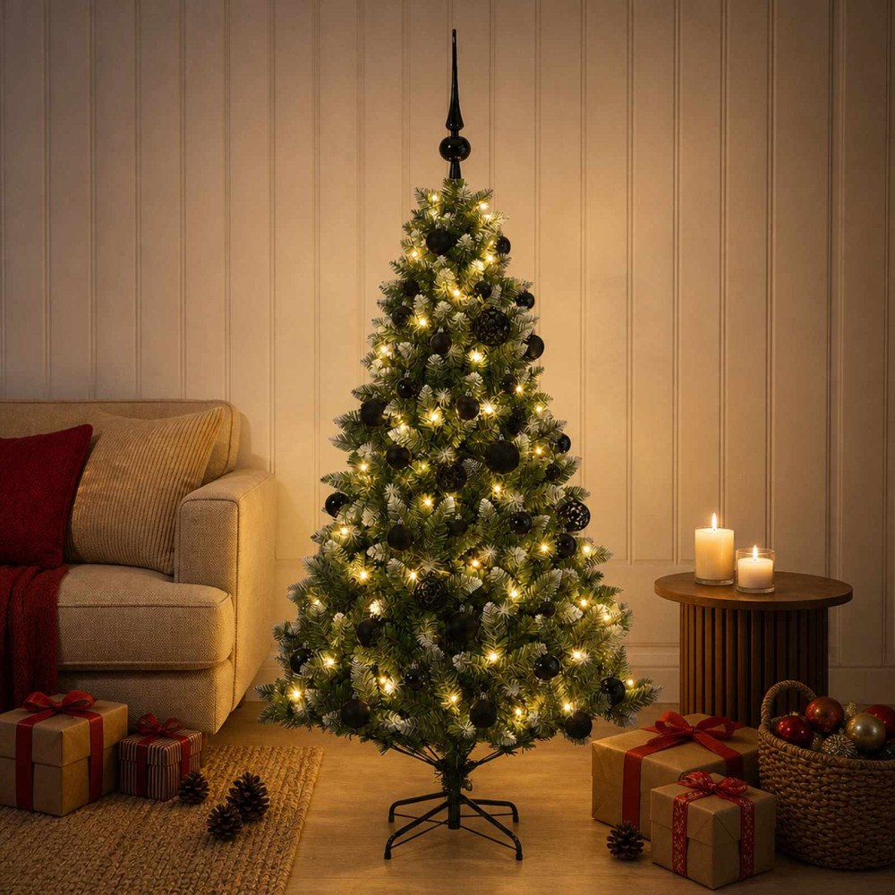 vidaXL Konstgjord julgran med kulor 120 cm 150 LED-lampor Varmvit