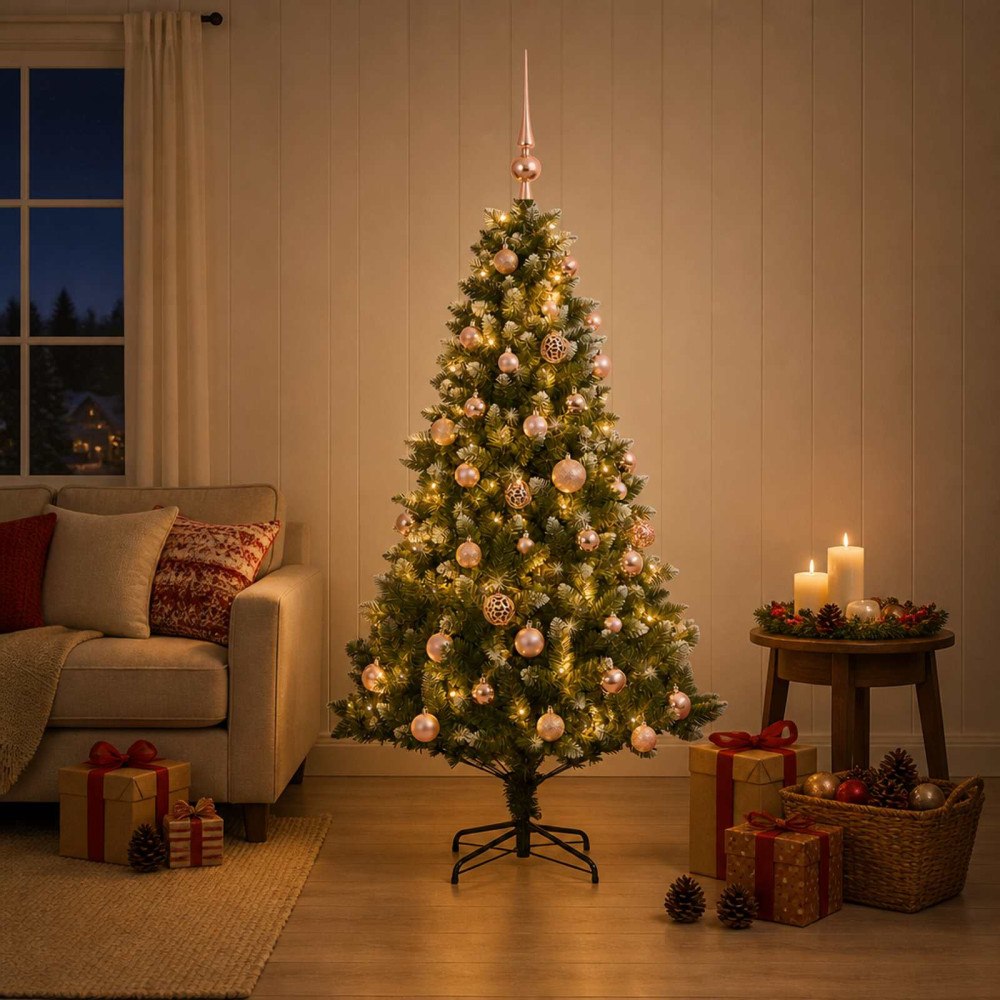 vidaXL Konstgjord julgran med kulor 120 cm 150 LED-lampor Varmvit