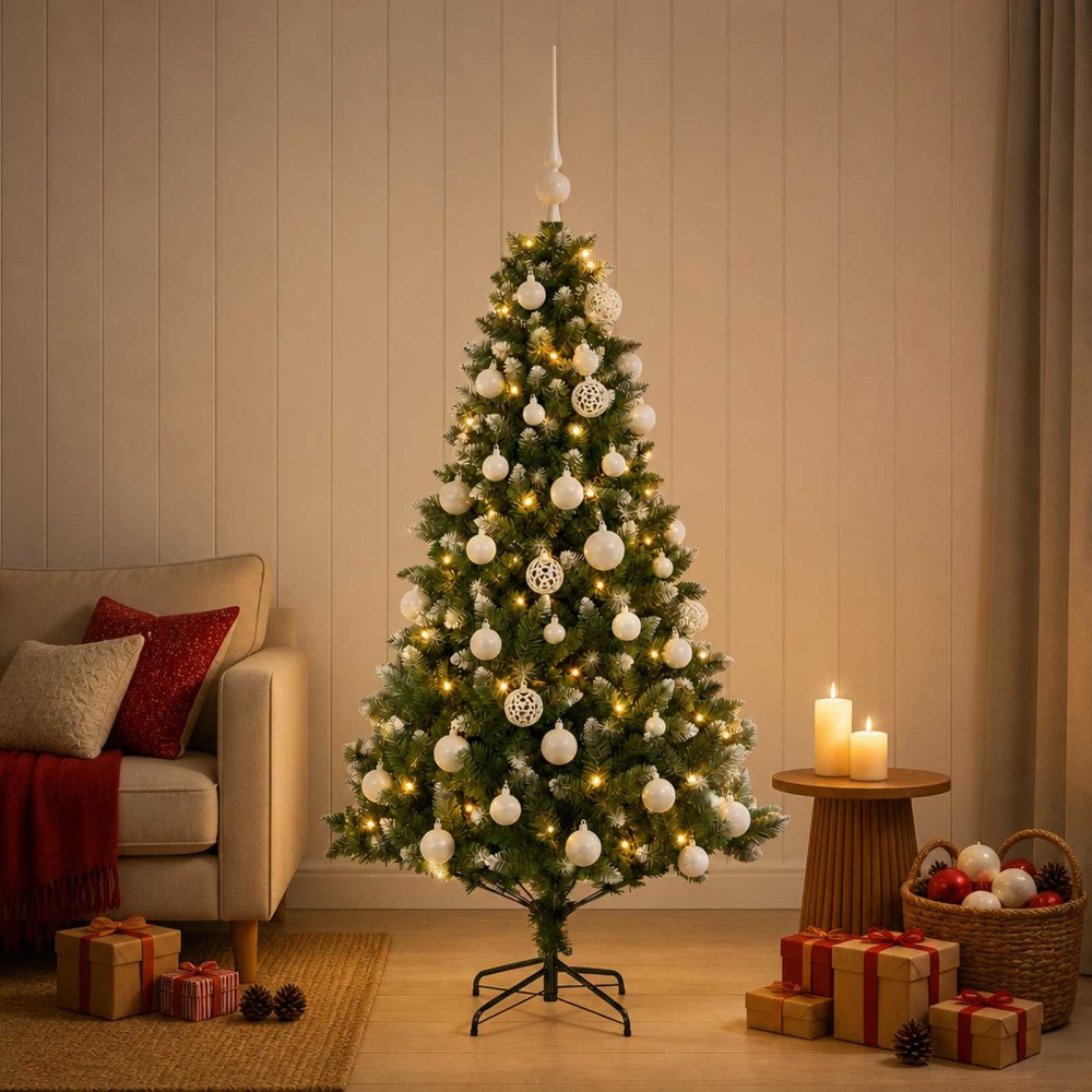 vidaXL Konstgjord julgran med kulor 120 cm 150 LED-lampor Varmvit