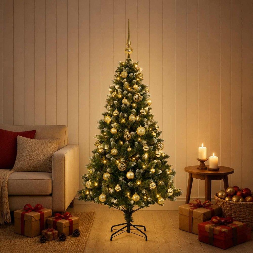 vidaXL Konstgjord julgran med kulor 150 cm 150 LED-lampor Varmvit