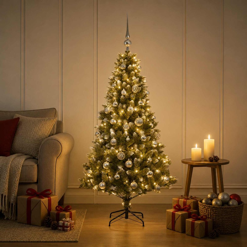vidaXL Konstgjord julgran med kulor 150 cm 150 LED-lampor Varmvit