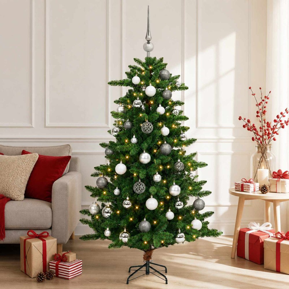 vidaXL Konstgjord julgran med kulor 150 cm 150 LED-lampor Varmvit