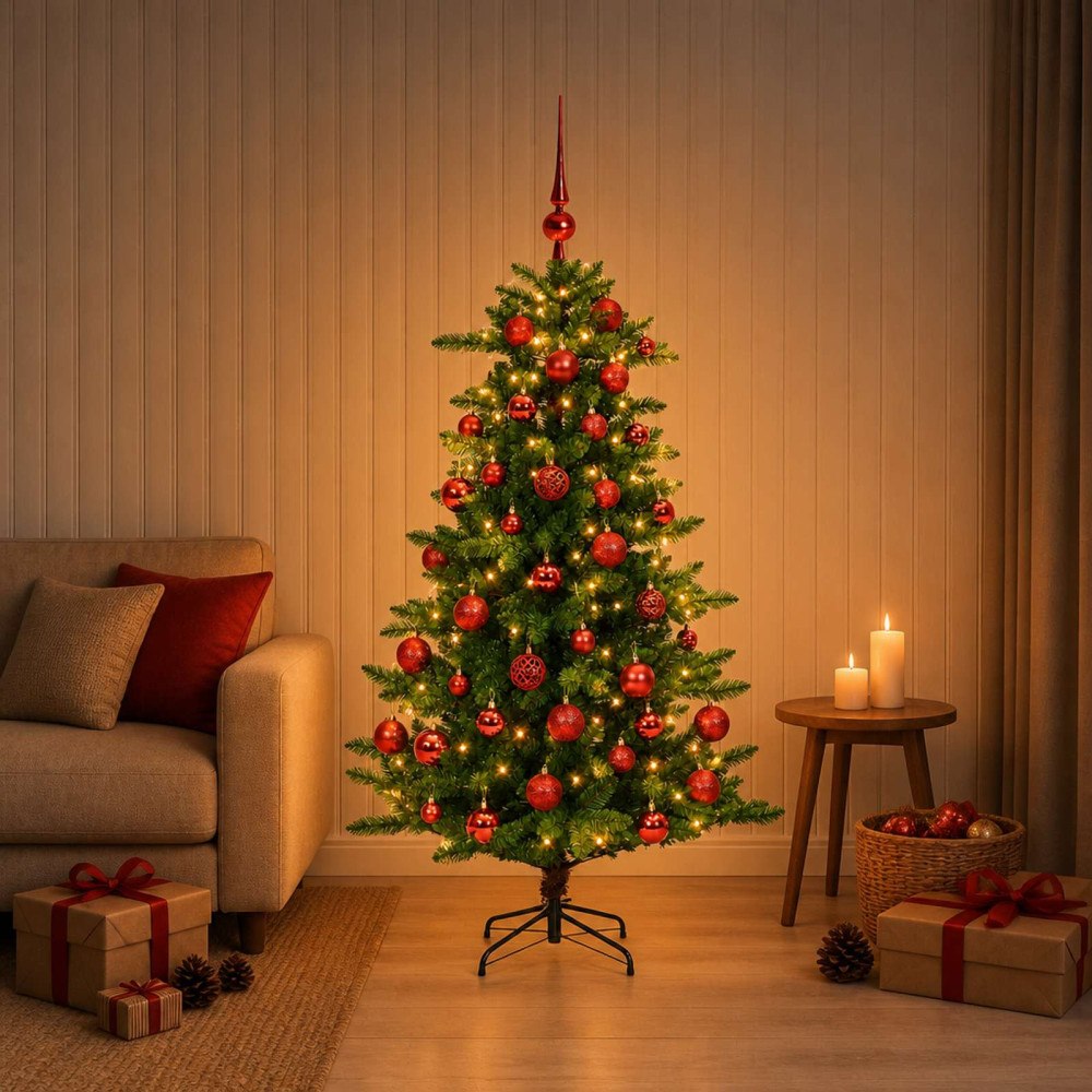 vidaXL Konstgjord julgran med kulor 150 cm 150 LED-lampor Varmvit