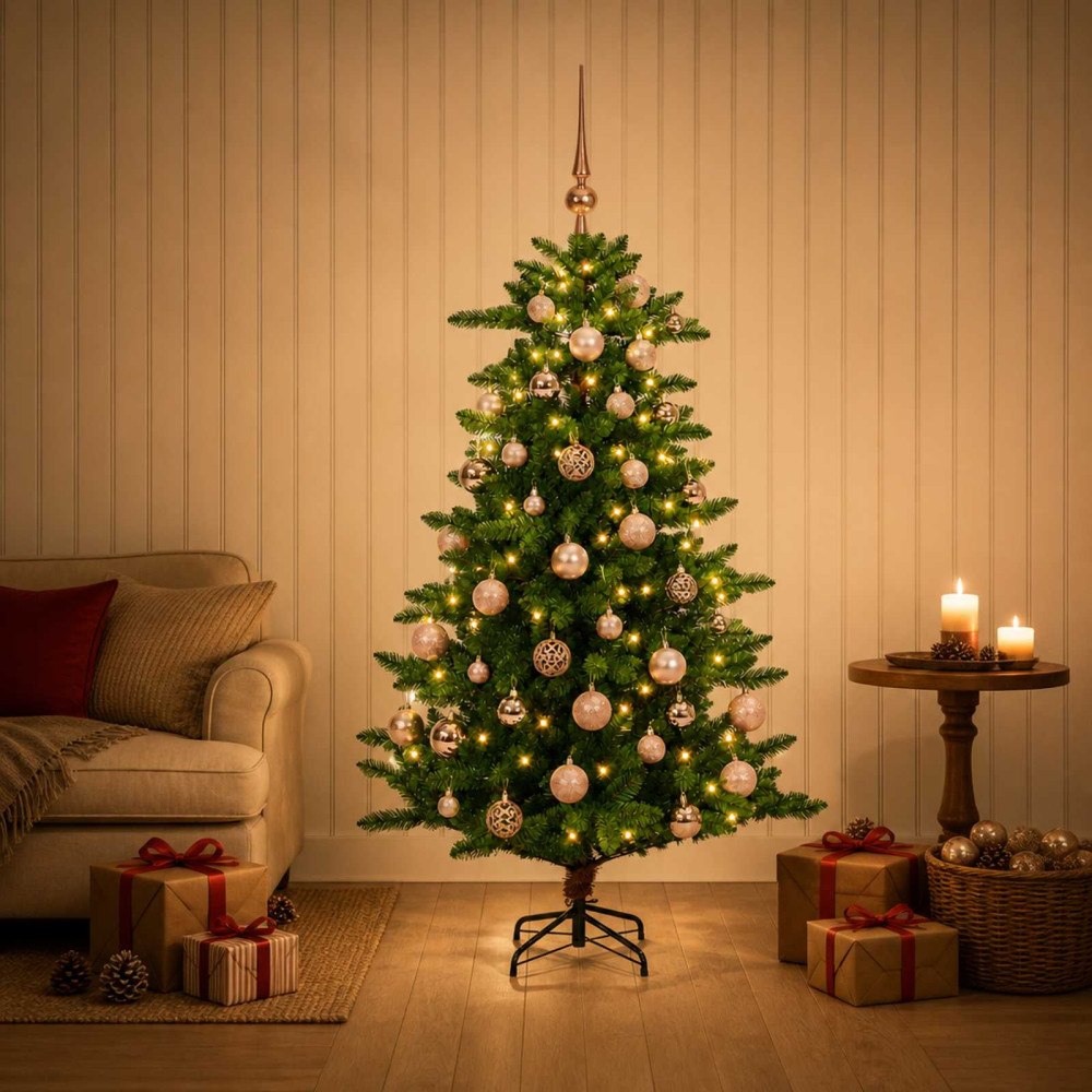 vidaXL Konstgjord julgran med kulor 150 cm 150 LED-lampor Varmvit