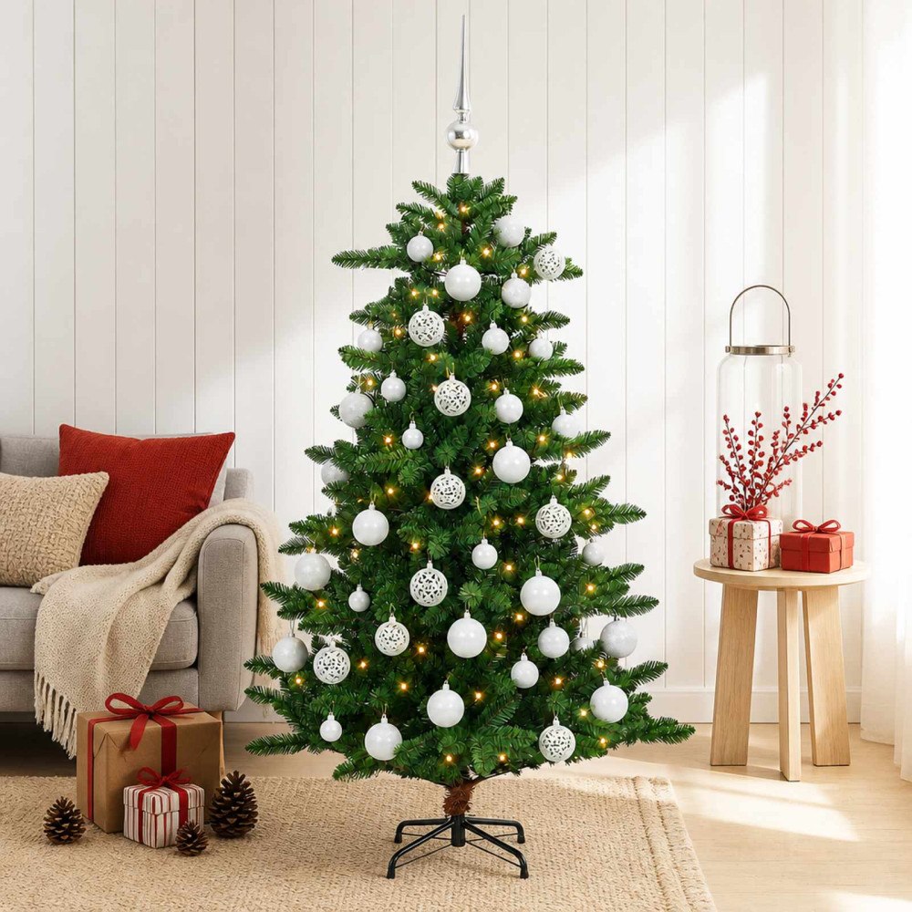 vidaXL Konstgjord julgran med kulor 120 cm 150 LED-lampor Varmvit
