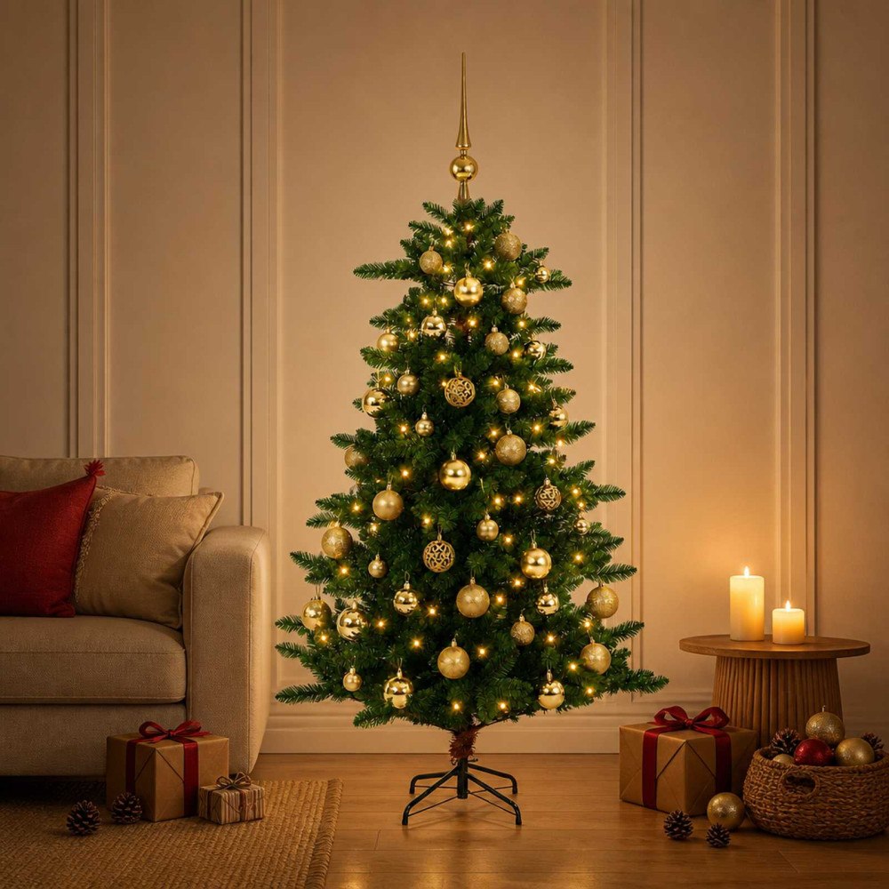 vidaXL Konstgjord julgran med julkulor 120 cm 150 LED-lampor Varmvit