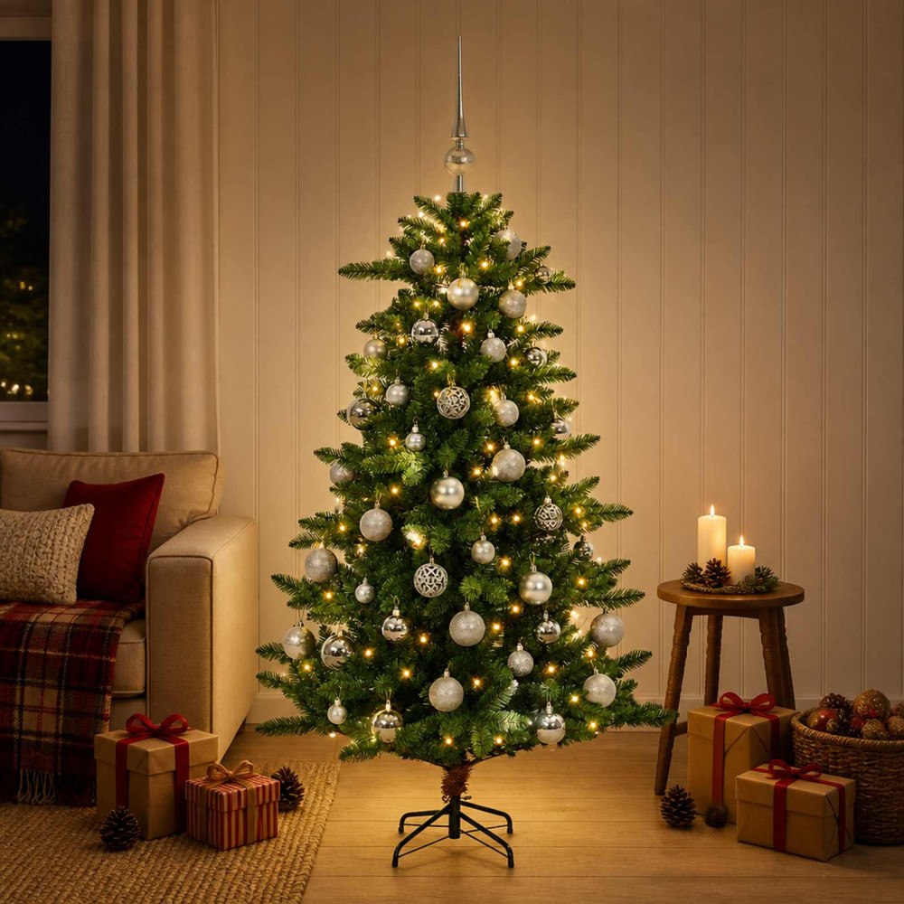 vidaXL Konstgjord julgran med julkulor 150 cm 150 LED-lampor Varmvit