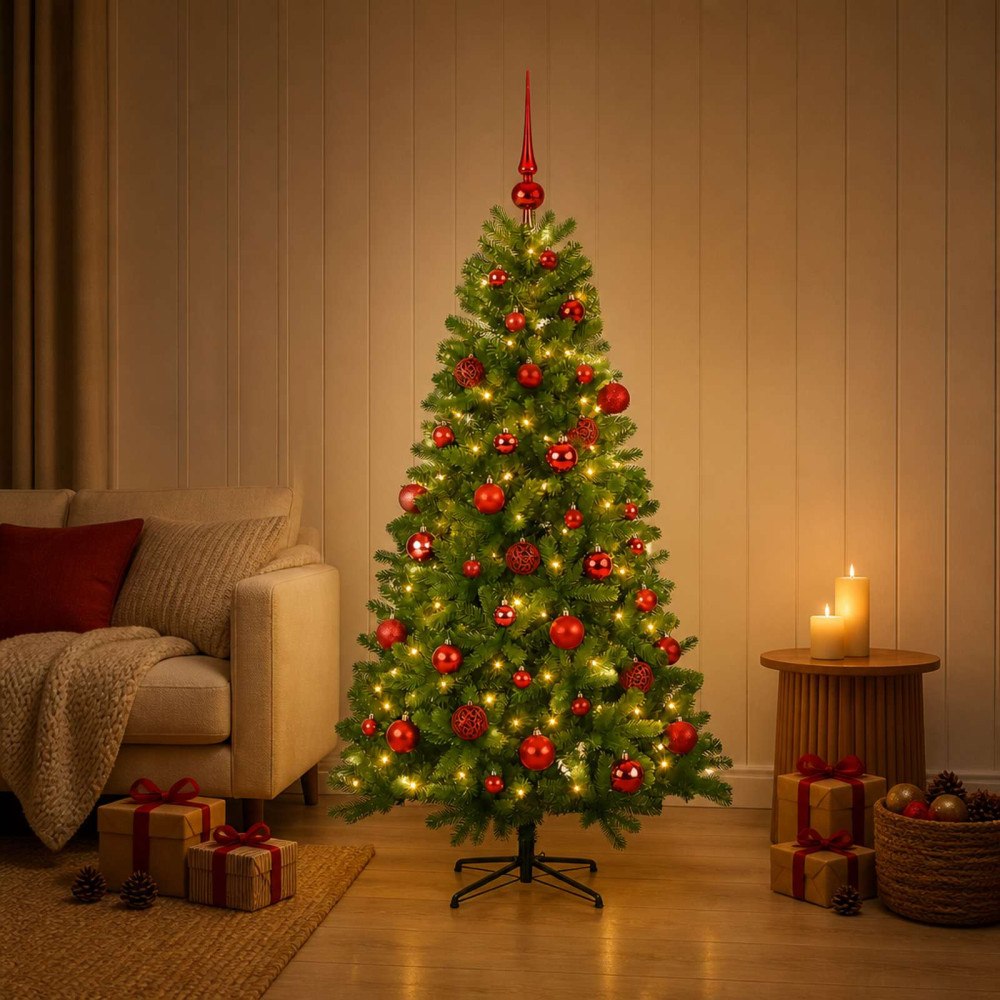 vidaXL Konstgjord julgran med julkulor 150 cm 150 LED-lampor Varmvit