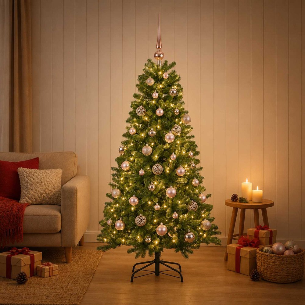vidaXL Konstgjord julgran med julkulor 150 cm 150 LED-lampor Varmvit