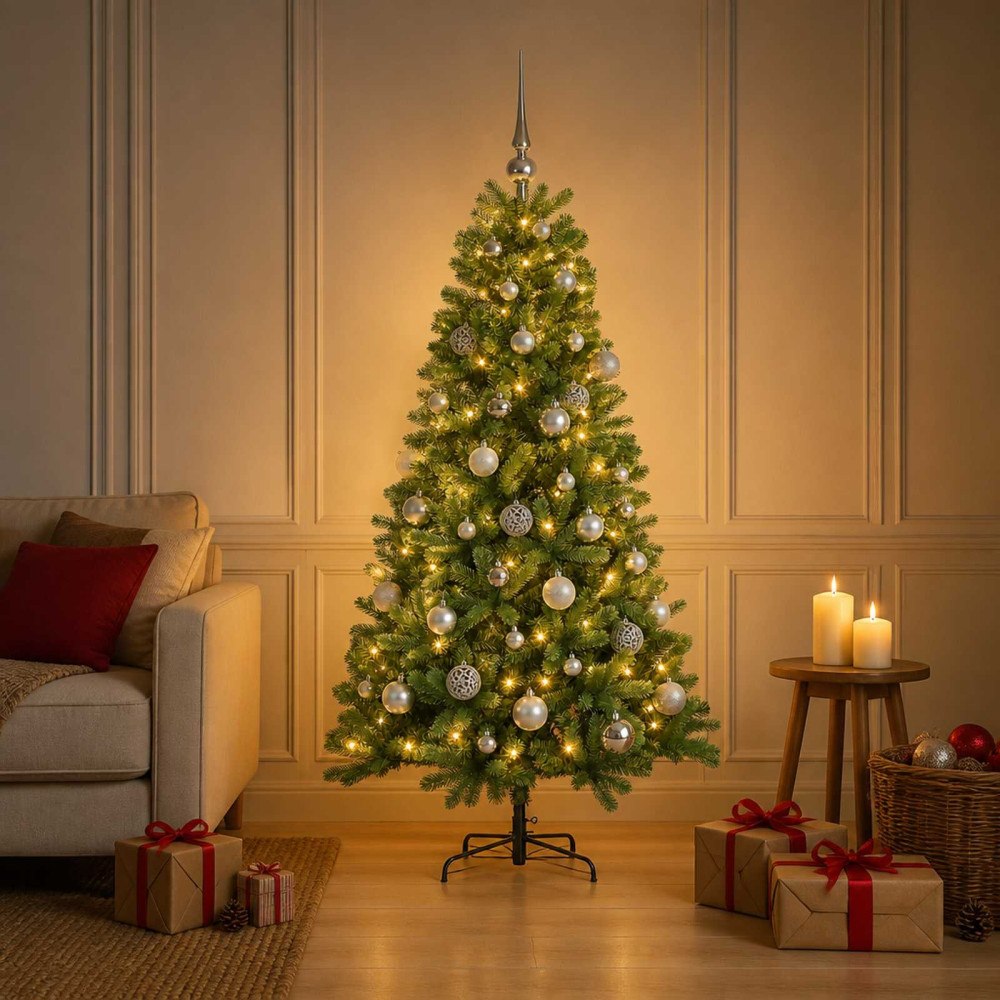 vidaXL Konstgjord julgran med julkulor 150 cm 150 LED-lampor Varmvit