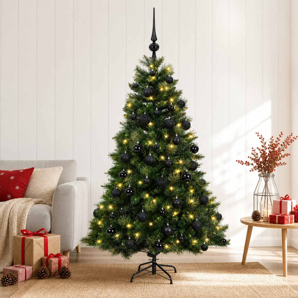 vidaXL Konstgjord julgran med julkulor 150 cm 150 LED-lampor Varmvit