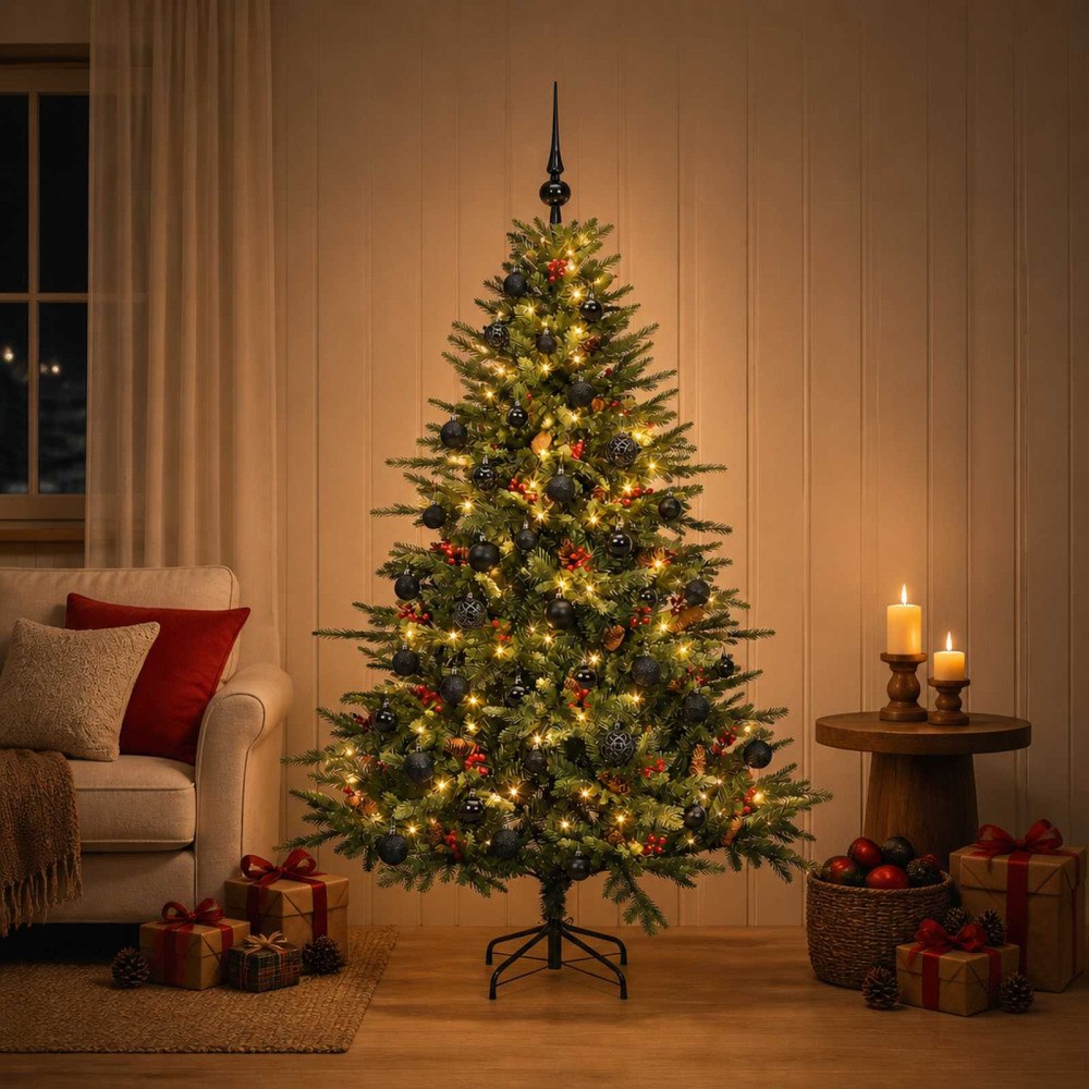 vidaXL Konstgjord julgran med julkulor 150 cm 150 LED-lampor Varmvit