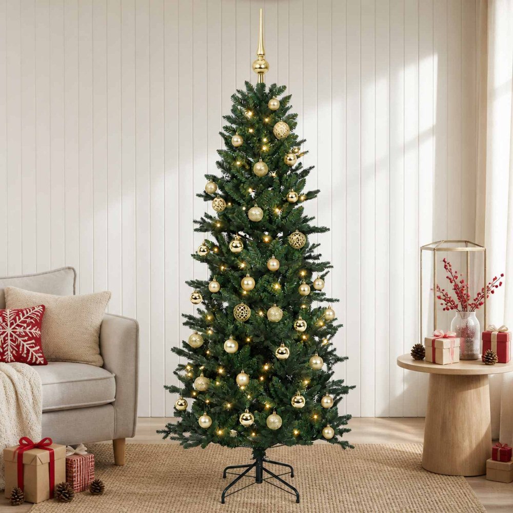 vidaXL Konstgjord julgran med julkulor 150 cm 150 LED-lampor Varmvit