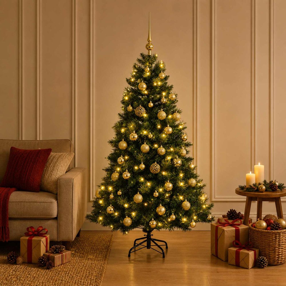 vidaXL Konstgjord julgran med julkulor 150 cm 150 LED-lampor Varmvit