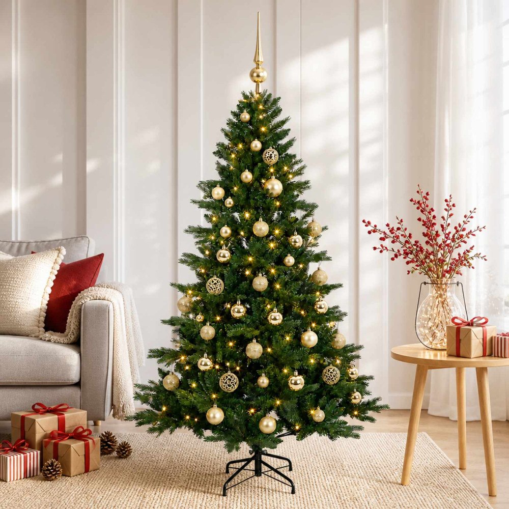 vidaXL Konstgjord julgran med julkulor 120 cm 150 LED-lampor Varmvit