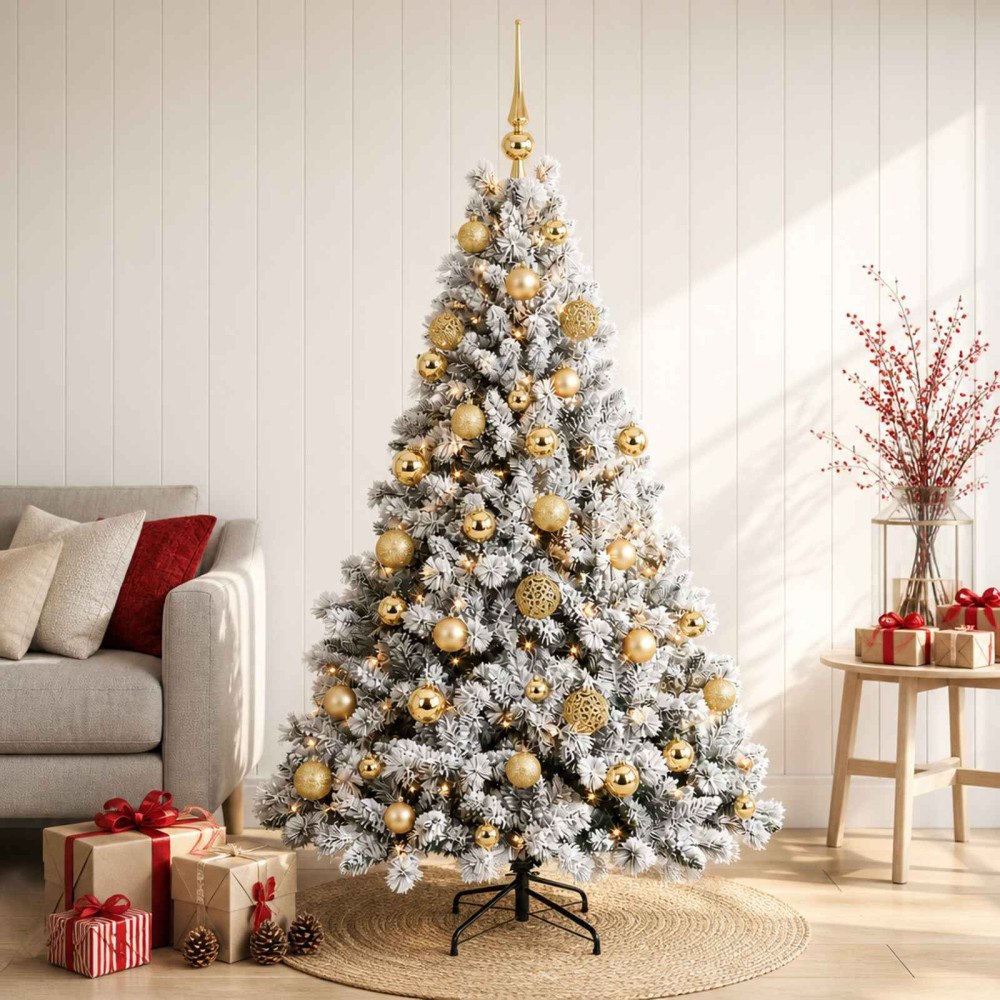 vidaXL Konstgjord julgran med julkulor 150 cm 150 LED-lampor Varmvit
