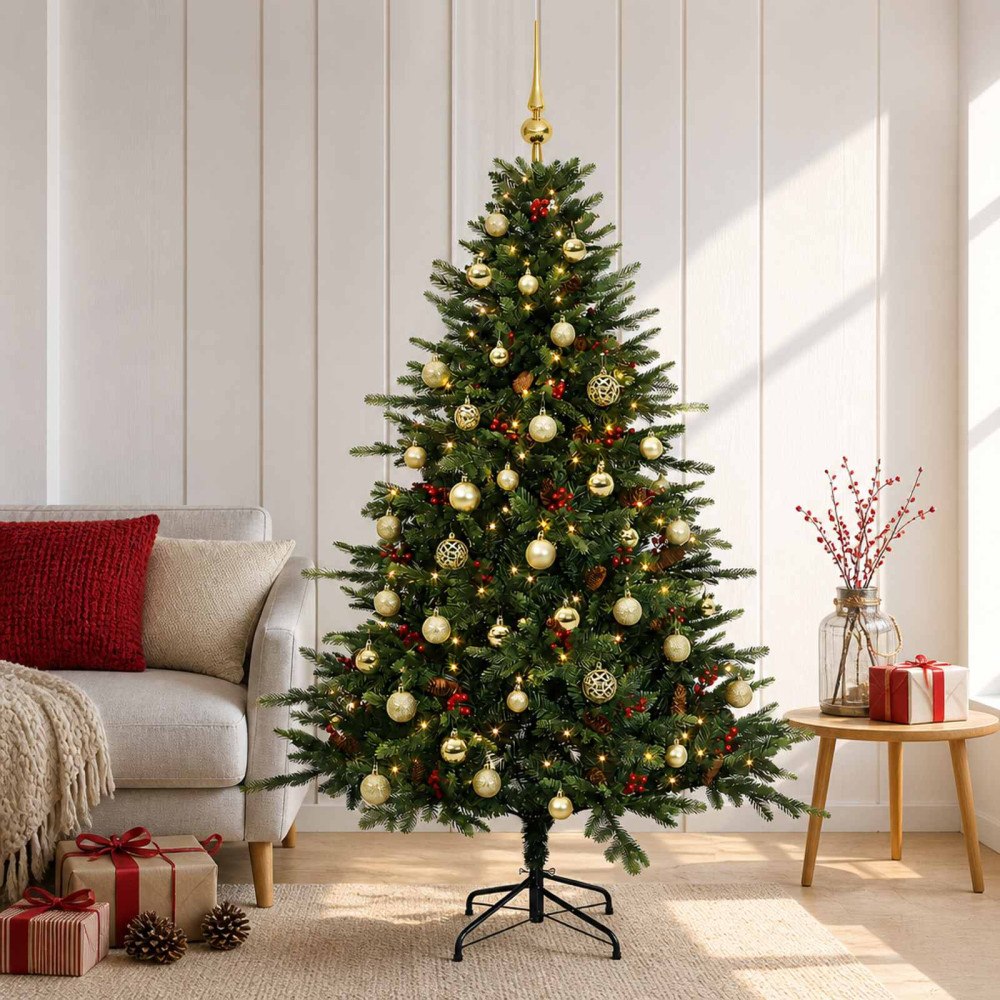 vidaXL Konstgjord julgran med julkulor 120 cm 150 LED-lampor Varmvit