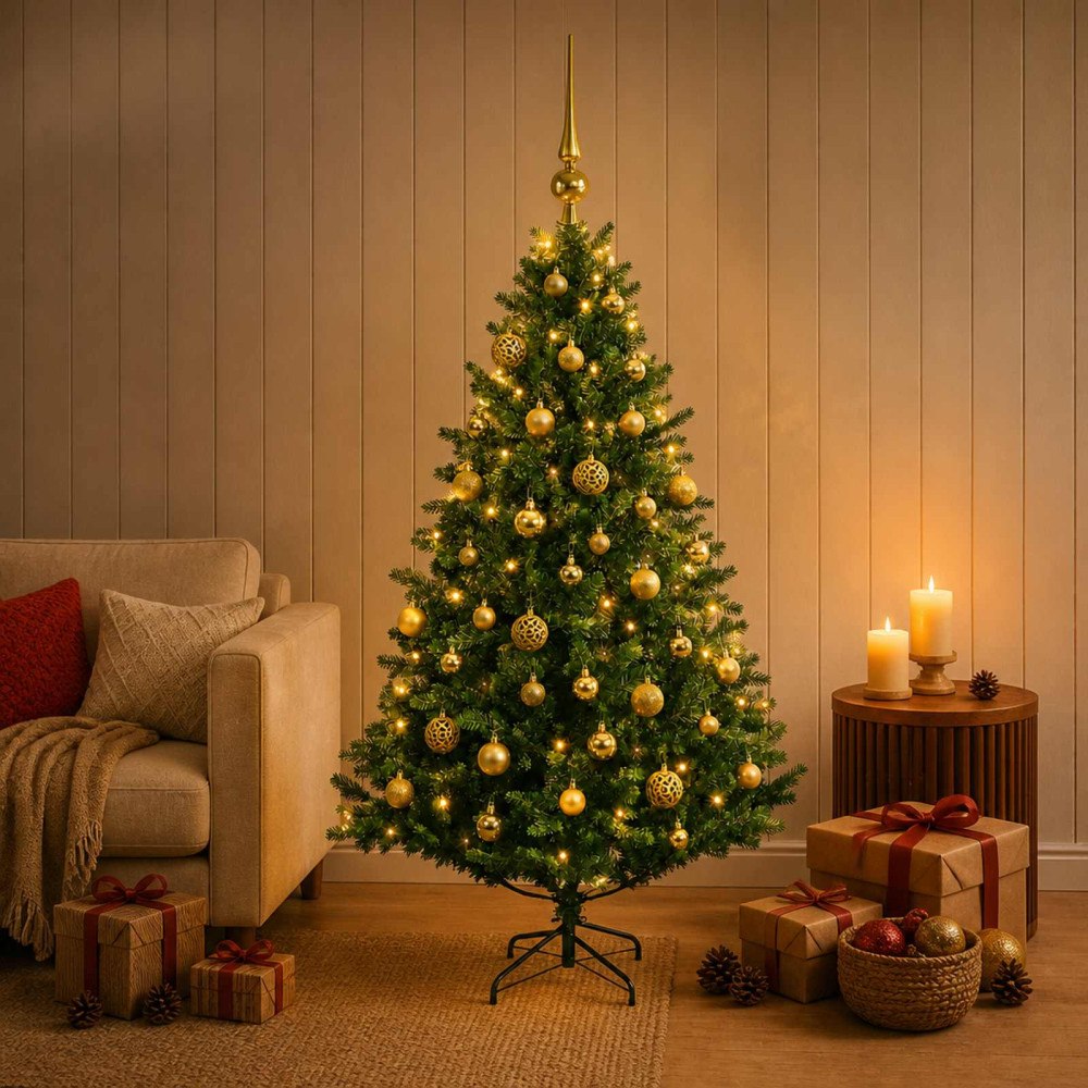 vidaXL Konstgjord julgran med julkulor 150 cm 150 LED-lampor Varmvit