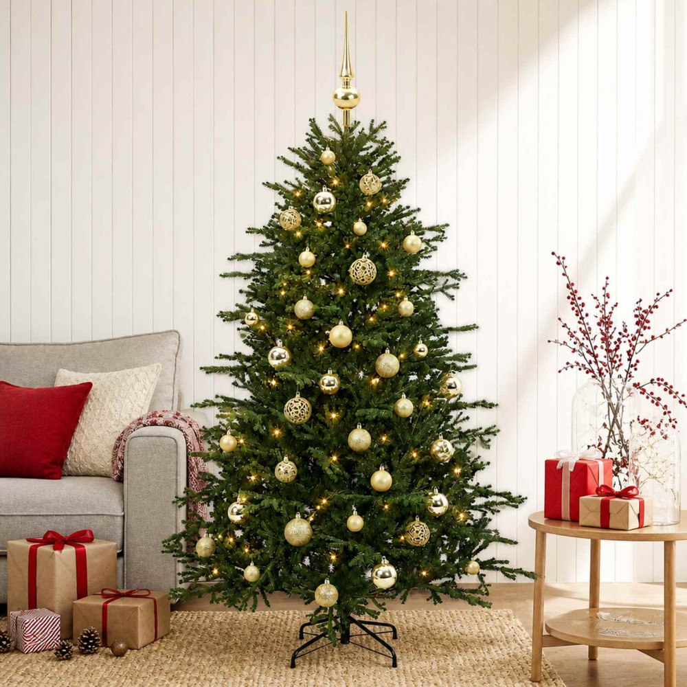 vidaXL Konstgjord julgran med julkulor 150 cm 150 LED-lampor Varmvit