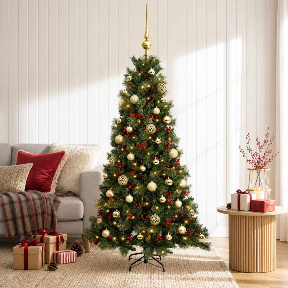 vidaXL Konstgjord julgran med julkulor 150 cm 150 LED-lampor Varmvit