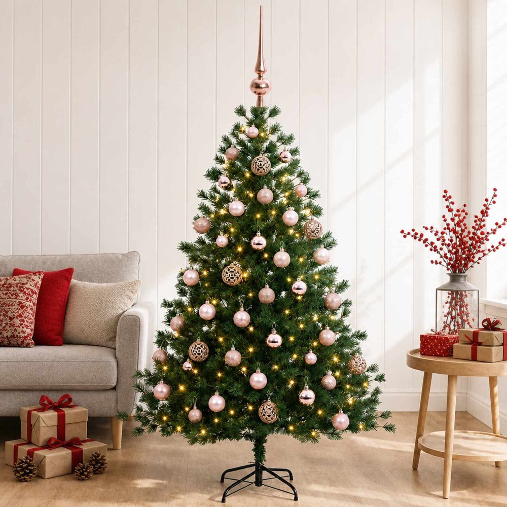 vidaXL Konstgjord julgran med julkulor 150 cm 150 LED-lampor Varmvit