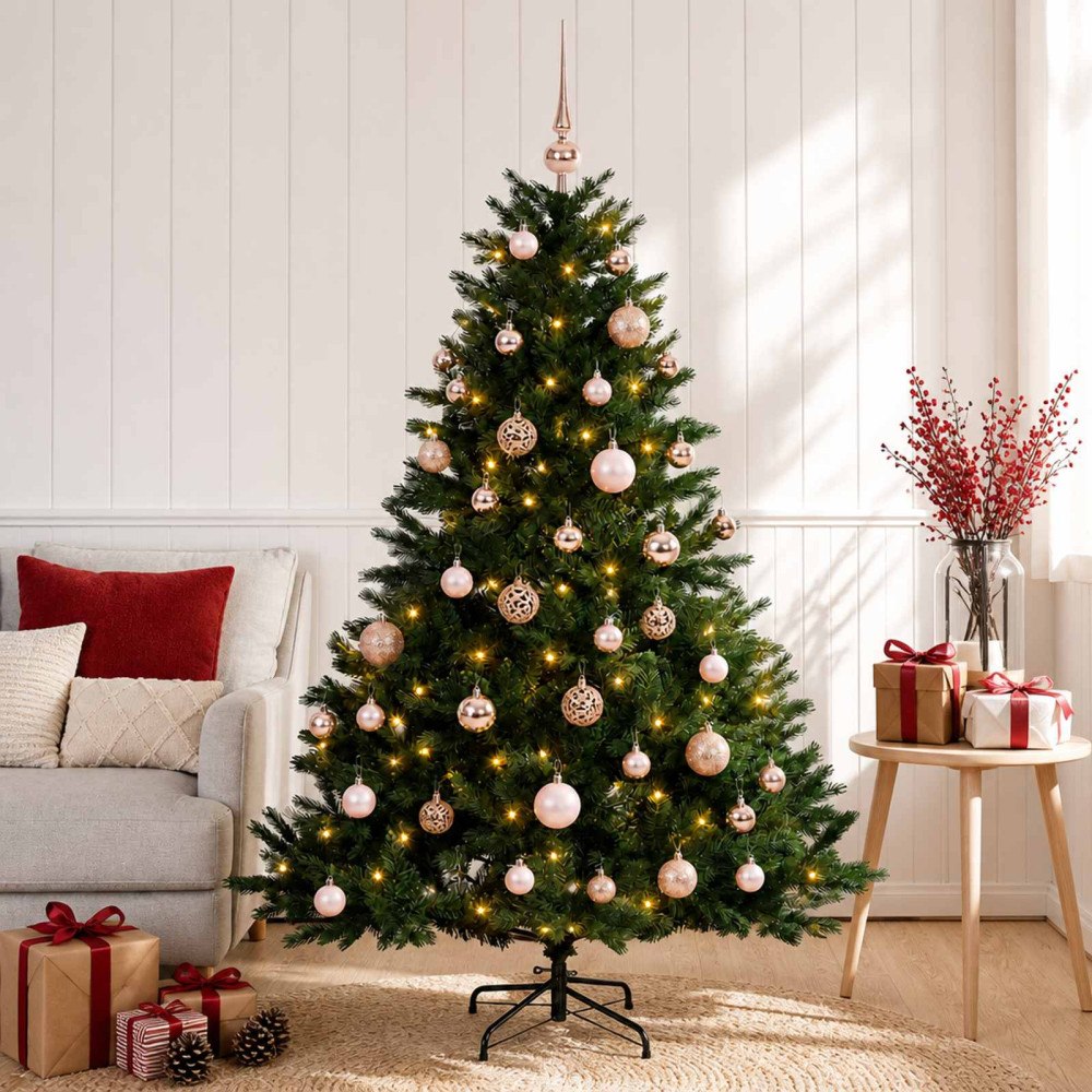 vidaXL Konstgjord julgran med julkulor 150 cm 150 LED-lampor Varmvit