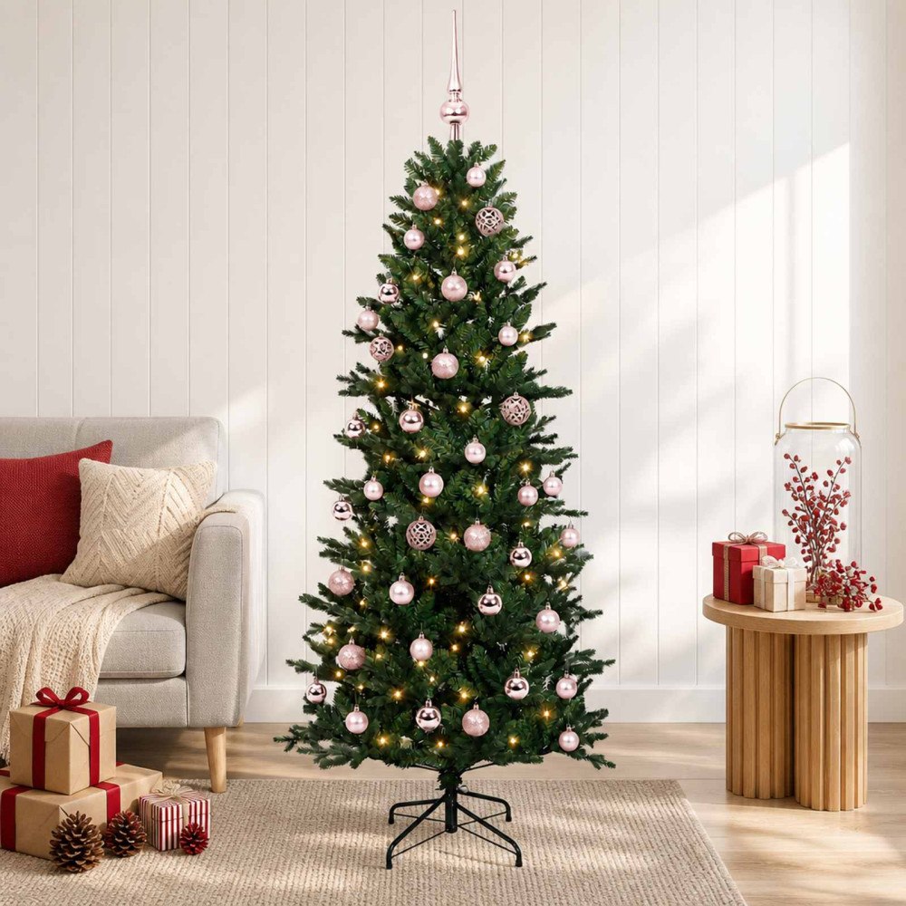 vidaXL Konstgjord julgran med julkulor 150 cm 150 LED-lampor Varmvit