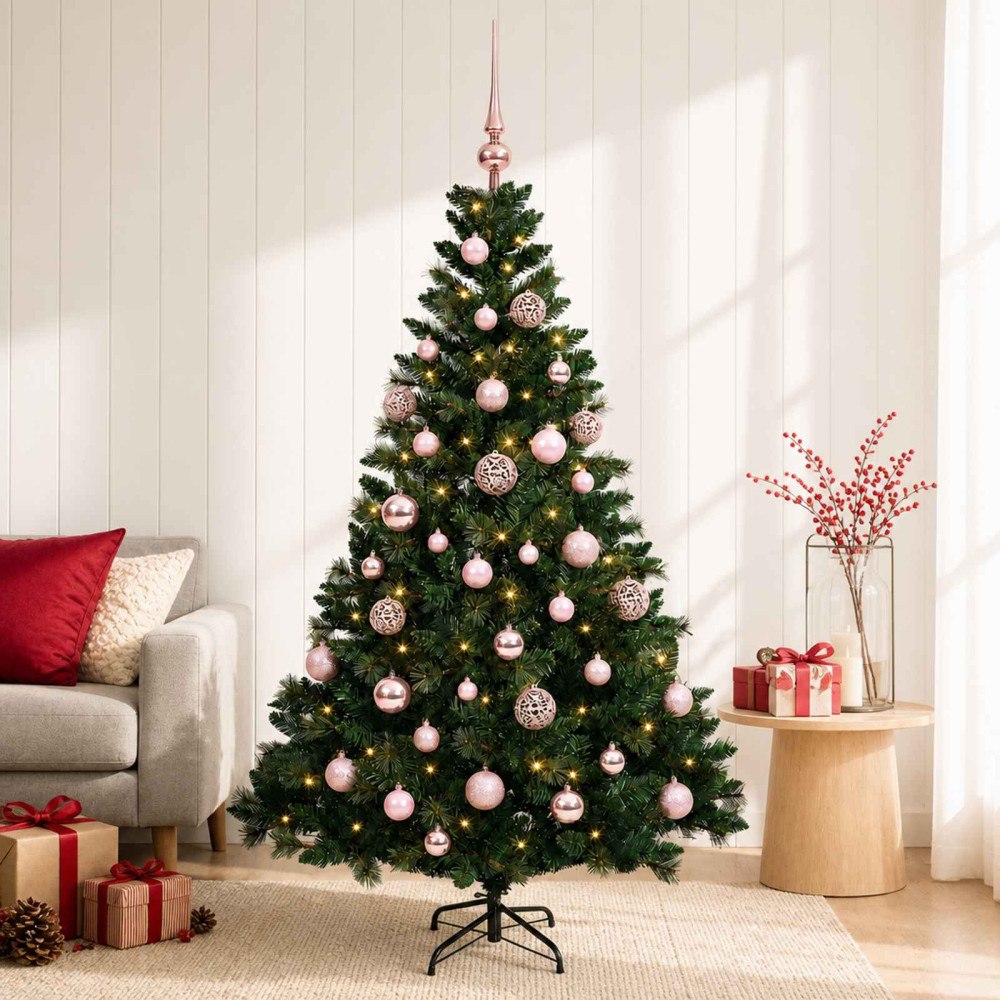 vidaXL Konstgjord julgran med kulor 150 cm 150 LED-lampor Varmvit