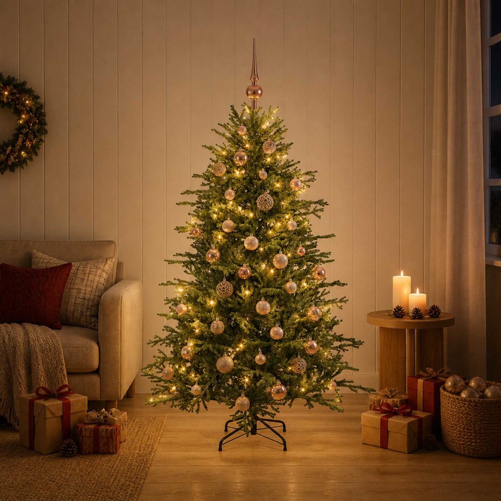 vidaXL Konstgjord julgran med julkulor 150 cm 150 LED-lampor Varmvit