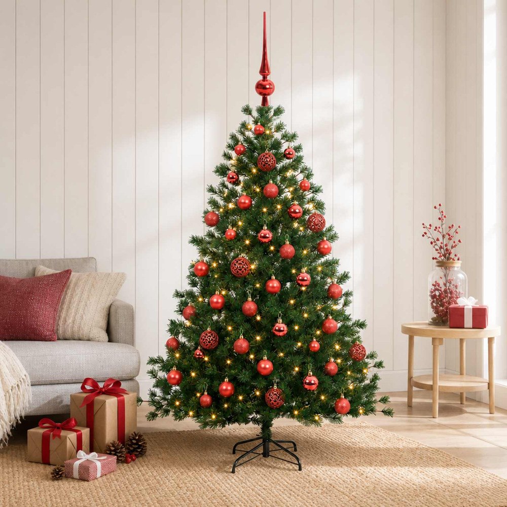 vidaXL Konstgjord julgran med julkulor 150 cm 150 LED-lampor Varmvit
