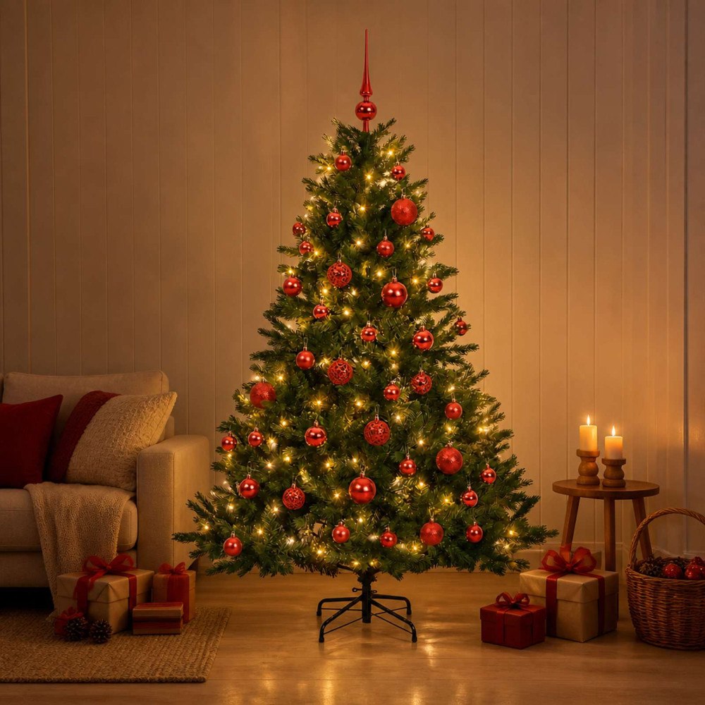 vidaXL Konstgjord julgran med julkulor 150 cm 150 LED-lampor Varmvit