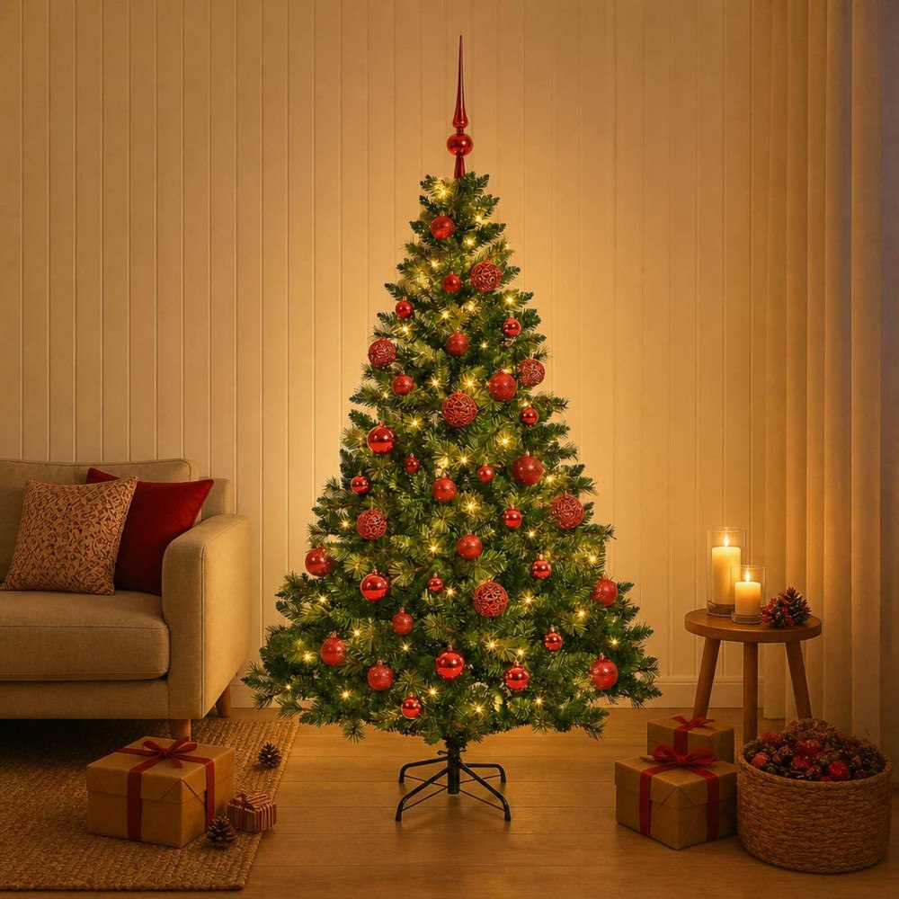 vidaXL Konstgjord julgran med kulor 150 cm 150 LED-lampor Varmvit
