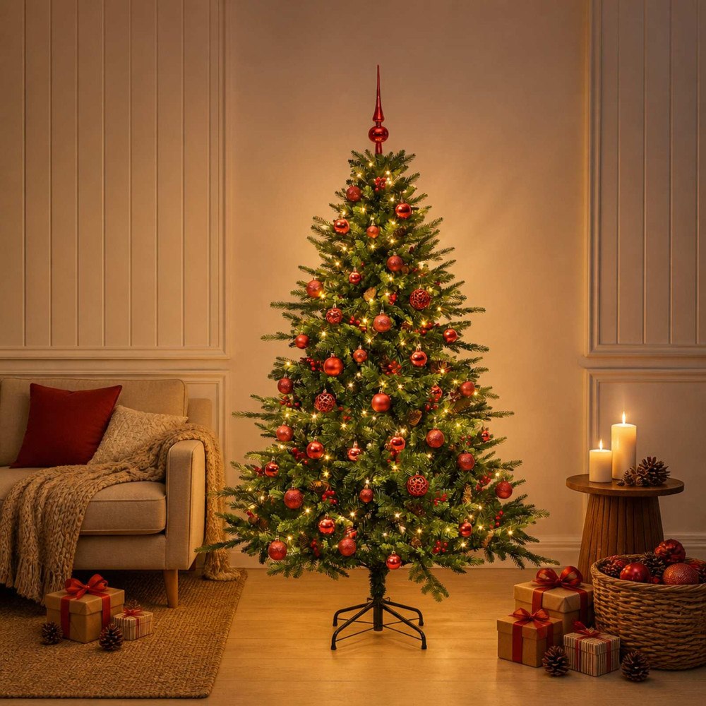 vidaXL Konstgjord julgran med julkulor 150 cm 150 LED-lampor Varmvit