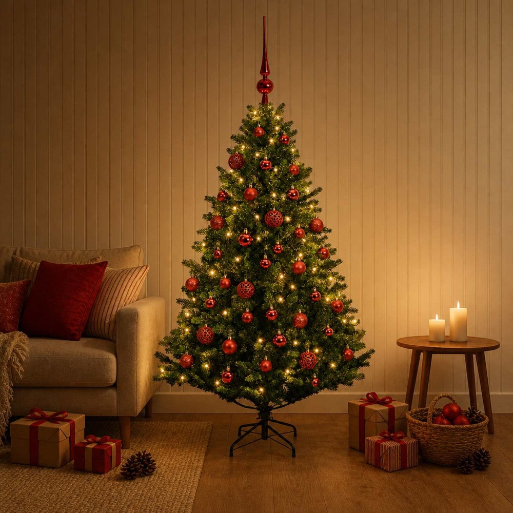 vidaXL Konstgjord julgran med kulor 150 cm 150 LED-lampor Varmvit
