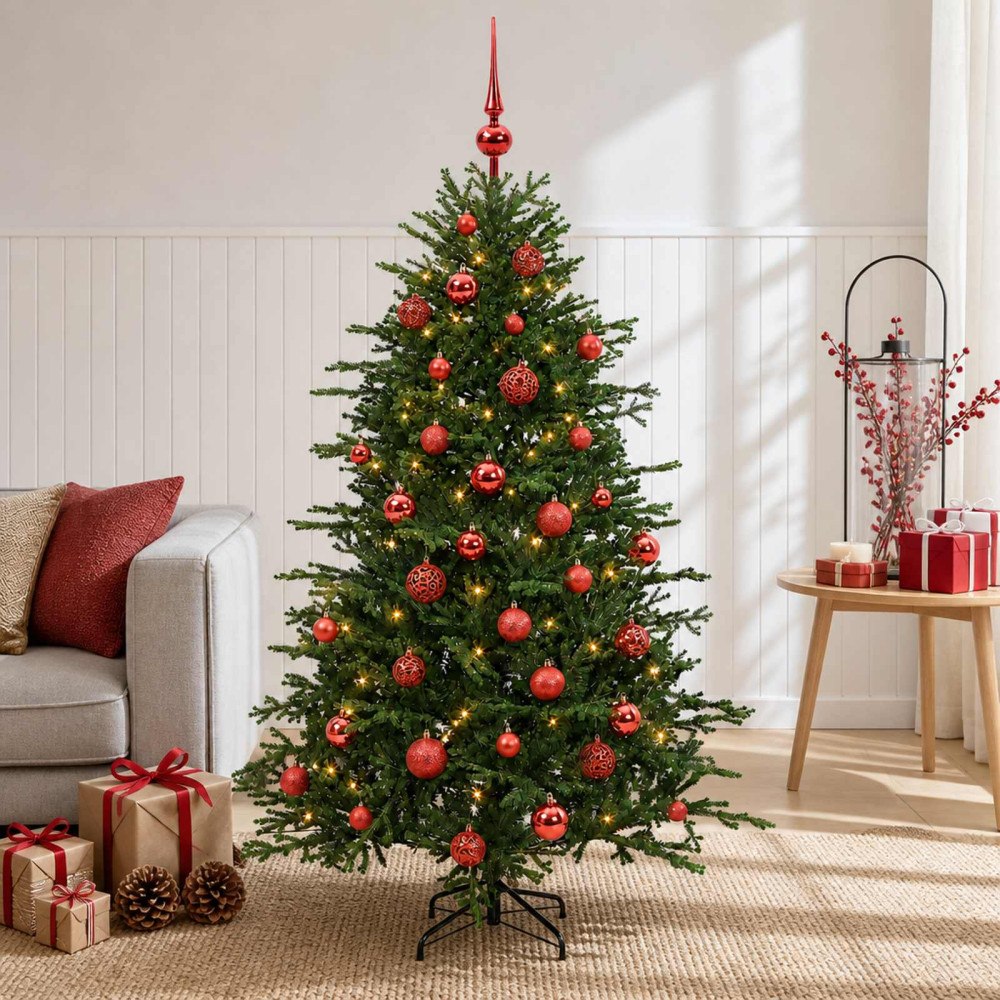 vidaXL Konstgjord julgran med julkulor 150 cm 150 LED-lampor Varmvit
