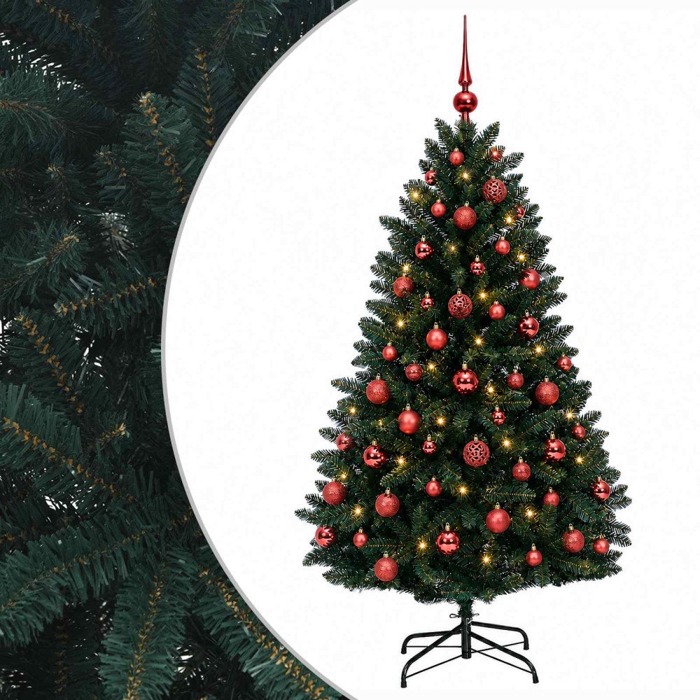 vidaXL Konstgjord julgran mörkgrön med julkula 150 cm 150 LED-lampor