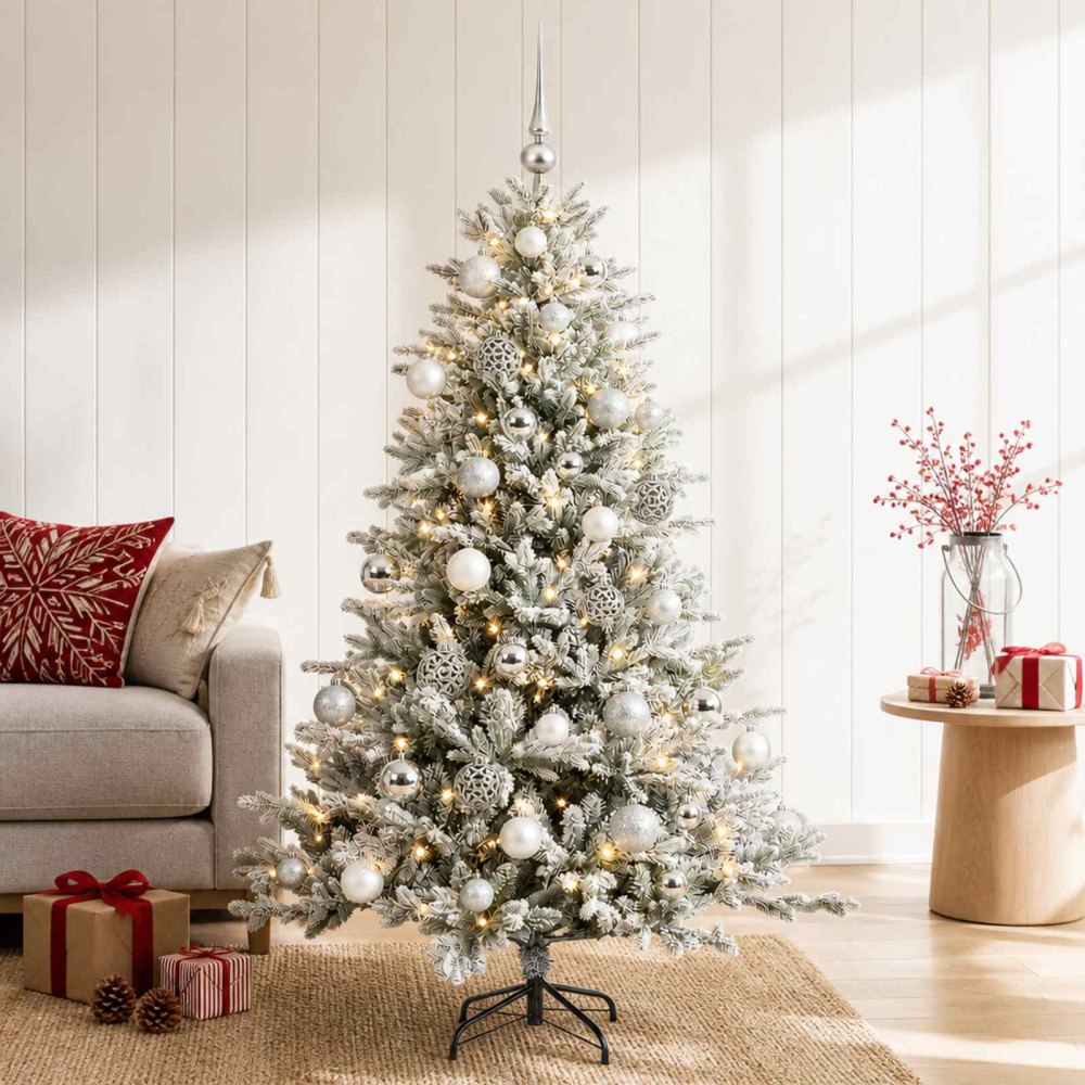 vidaXL Konstgjord julgran med julkulor 150 cm 150 LED-lampor Varmvit