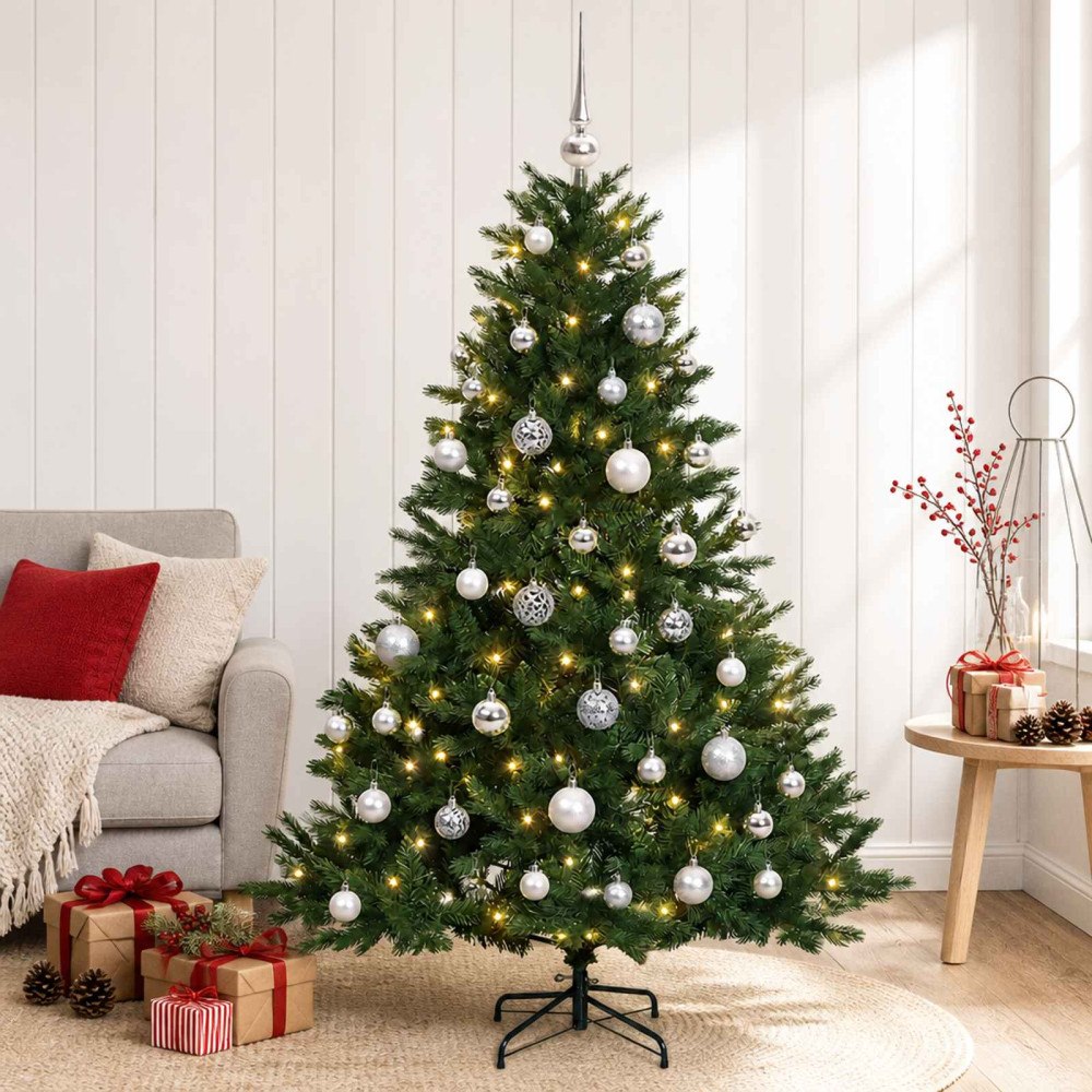 vidaXL Konstgjord julgran med julkulor 150 cm 150 LED-lampor Varmvit