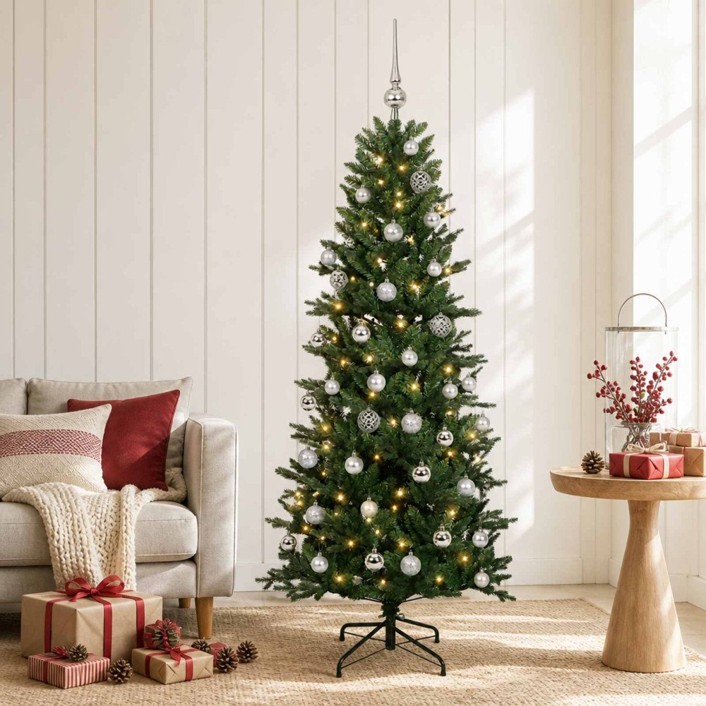 vidaXL Konstgjord julgran med julkulor 120 cm 150 LED-lampor Varmvit