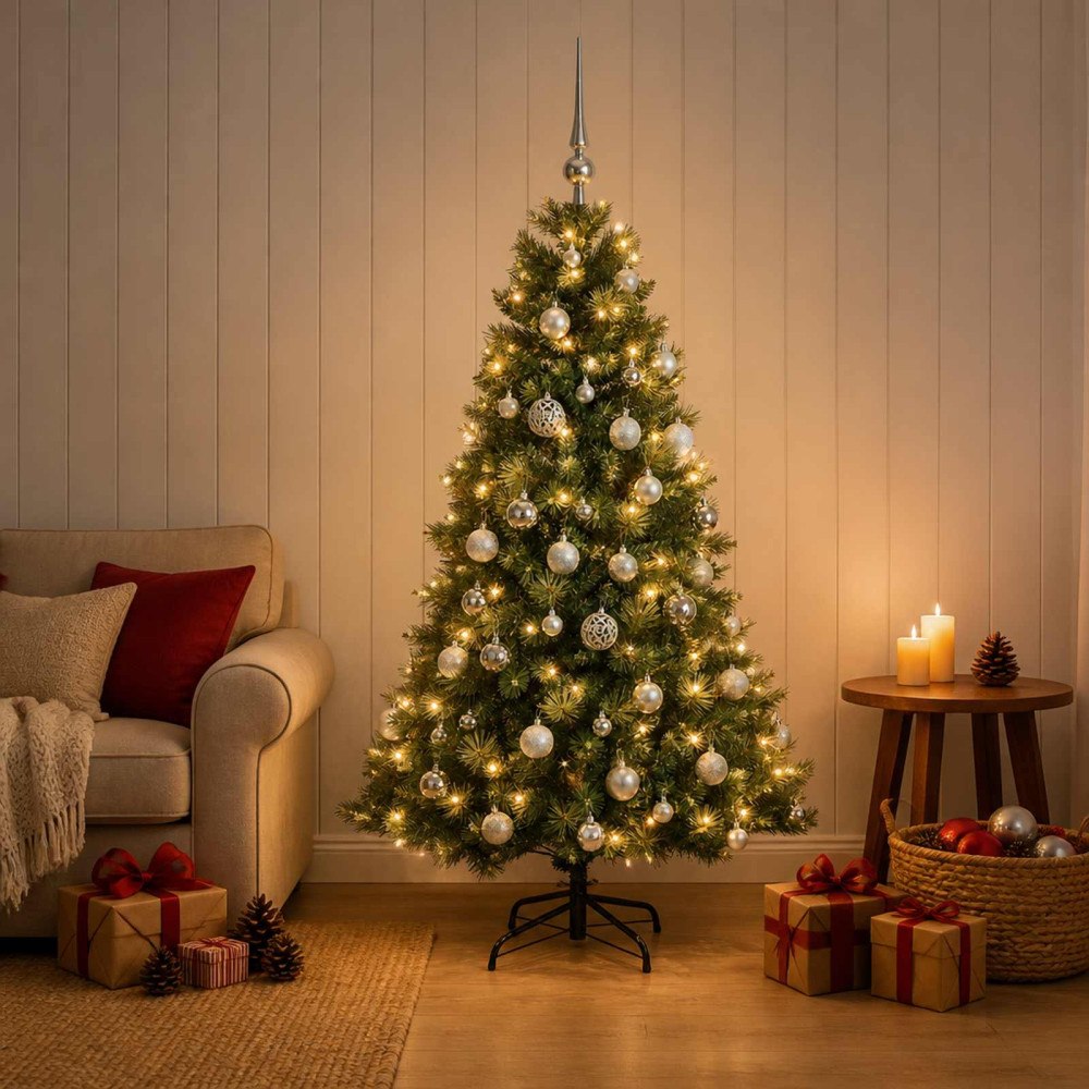 vidaXL Konstgjord julgran med julkulor 150 cm 150 LED-lampor Varmvit