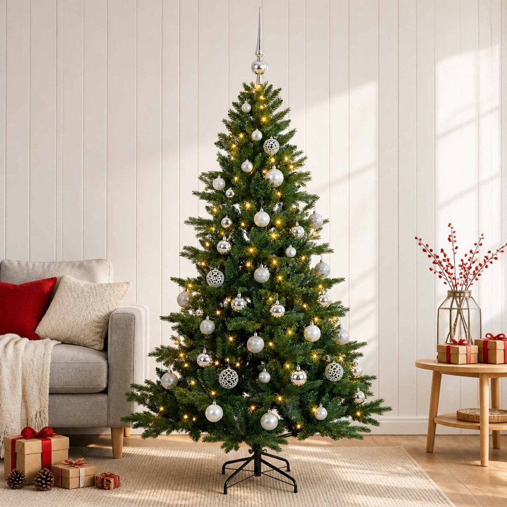 vidaXL Konstgjord julgran med julkulor 150 cm 150 LED-lampor Varmvit