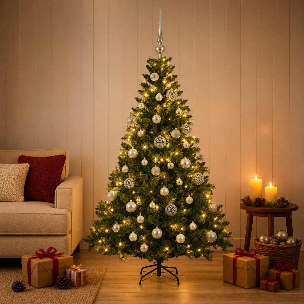 vidaXL Konstgjord julgran med kulor 150 cm 150 LED-lampor Varmvit