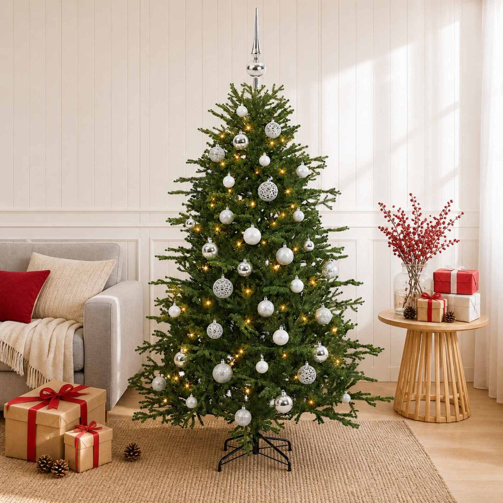 vidaXL Konstgjord julgran med julkulor 120 cm 150 LED-lampor Varmvit