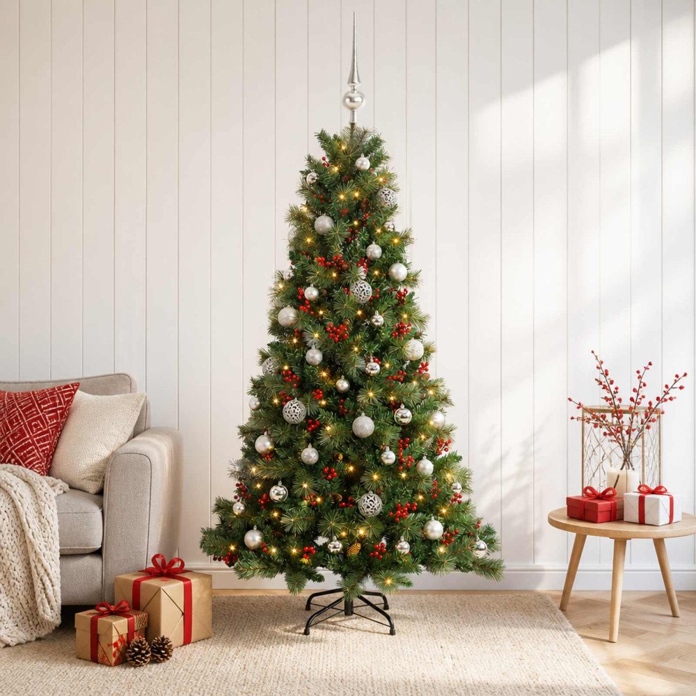 vidaXL Konstgjord julgran med julkulor 150 cm 150 LED-lampor Varmvit