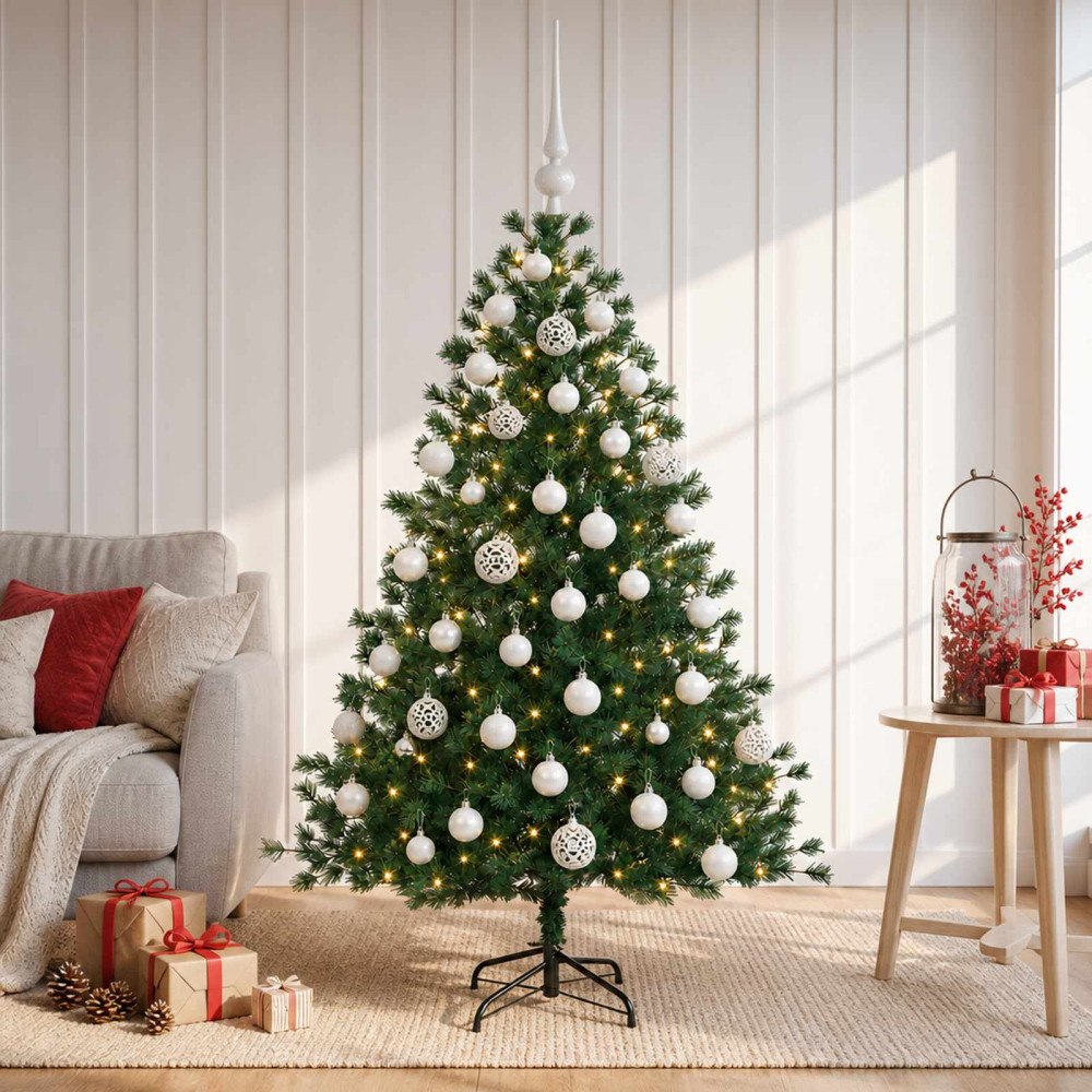 vidaXL Konstgjord julgran med julkulor 150 cm 150 LED-lampor Varmvit