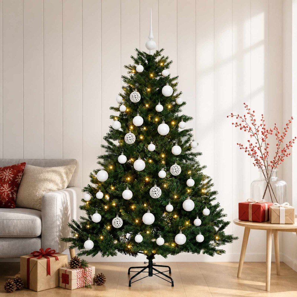 vidaXL Konstgjord julgran med julkulor 150 cm 150 LED-lampor Varmvit