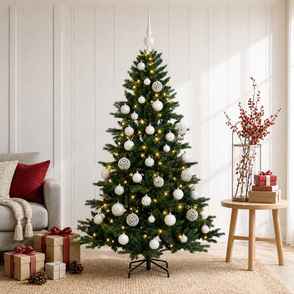 vidaXL Konstgjord julgran med julkulor 150 cm 150 LED-lampor Varmvit