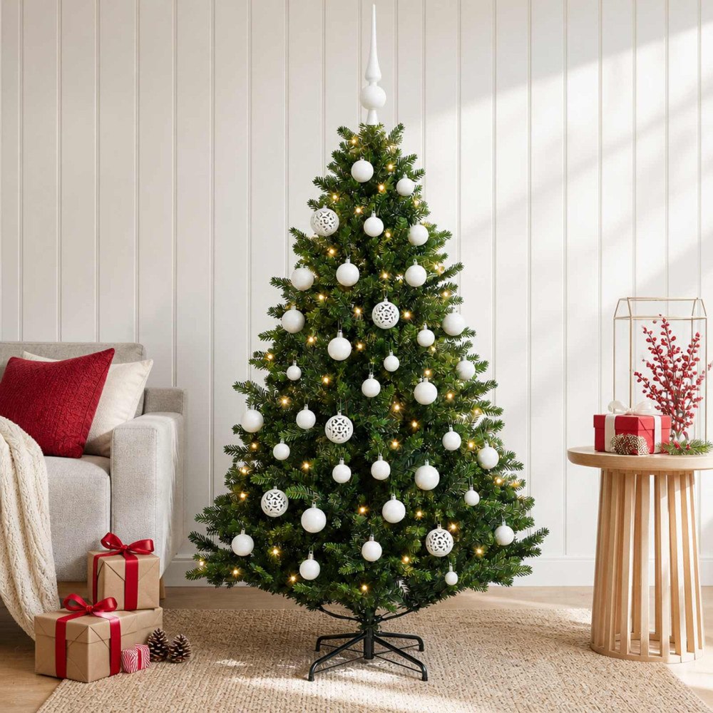 vidaXL Konstgjord julgran med kulor 120 cm 150 LED-lampor Varmvit