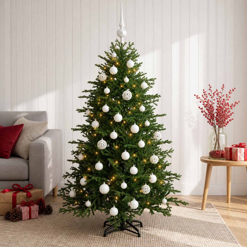 vidaXL Konstgjord julgran med julkulor 150 cm 150 LED-lampor Varmvit